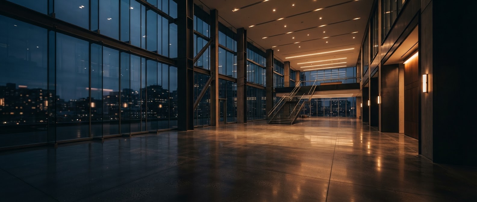 Lobby corporativo modernista ao entardecer