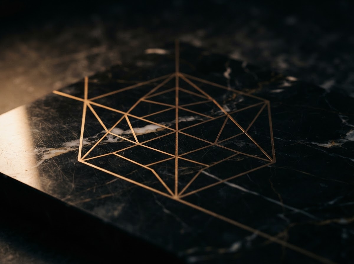 Detalhe arquitetônico em mármore preto com filetes dourados